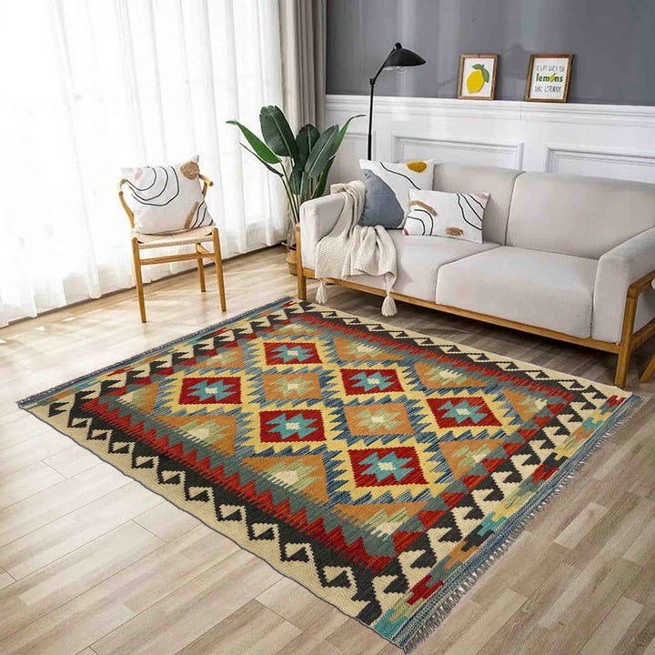 Afghan Vegetable Kilim Rug 3' 3" x 5' 1" Flat-Weave reverse