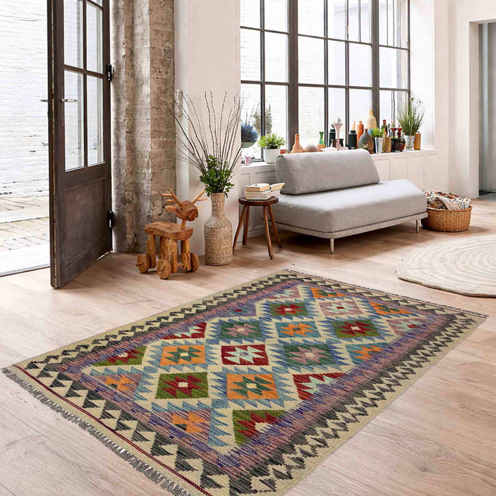 Afghan Vegetable Kilim Rug 3' 5" x 5' 5" Flat-Weave reverse