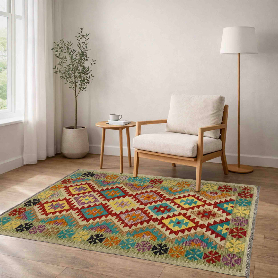 Afghan Vegetable Kilim Rug 3' 3" x 5' 5" Flat-Weave reverse