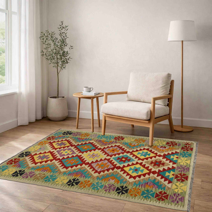 Afghan Vegetable Kilim Rug 3' 3" x 5' 5" Flat-Weave reverse