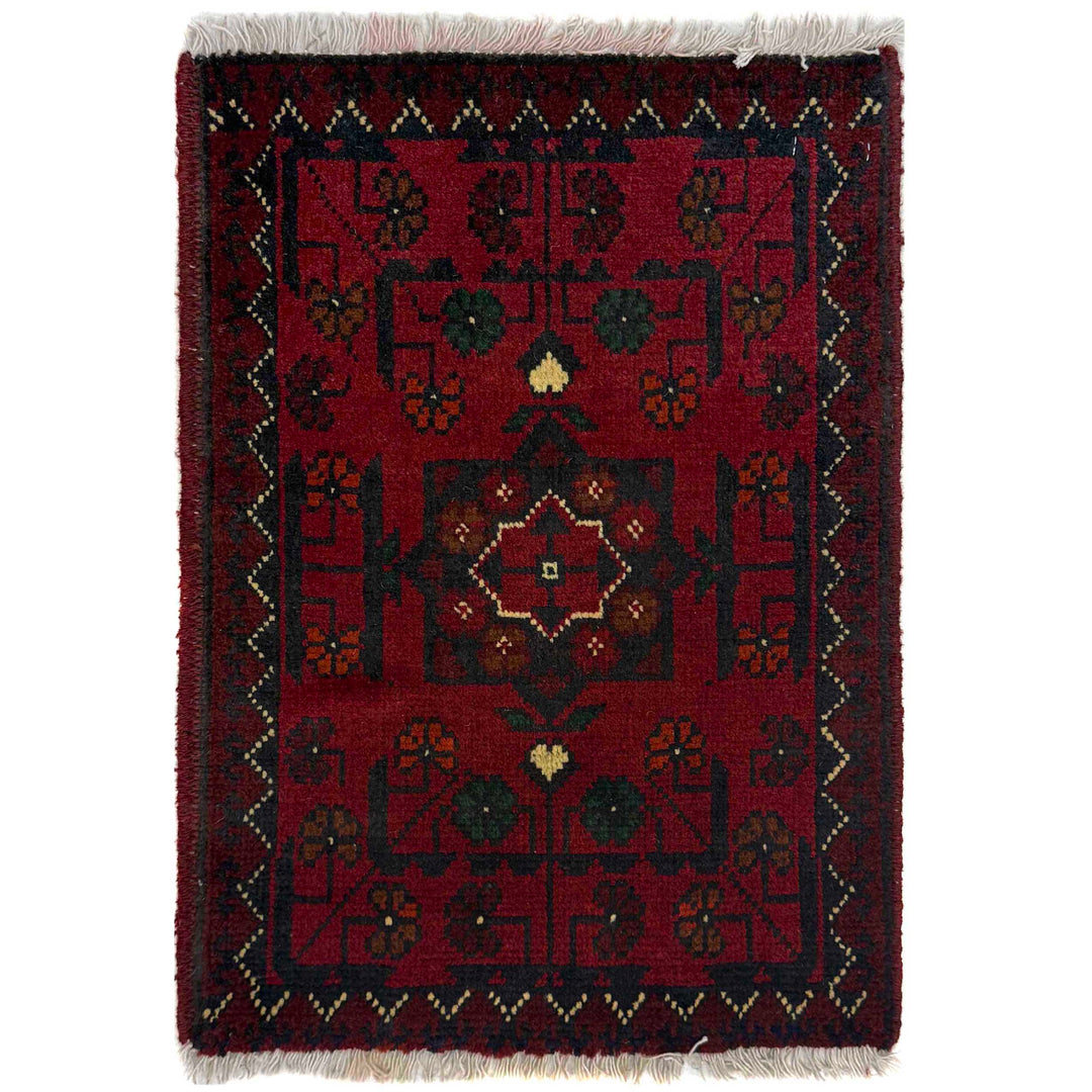 Red Afghan Doormat Rug 1' 5" x 1' 11" Hand-Knotted