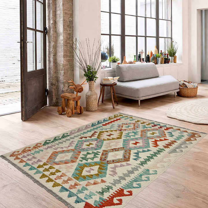 Afghan Vegetable Kilim Rug 3' 7" x 4' 11" Flat-Weave reverse