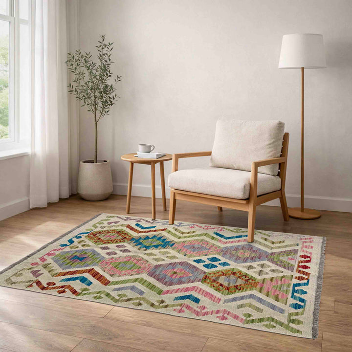 Afghan Vegetable Kilim Rug 3' 3" x 4' 10" Flat-Weave reverse
