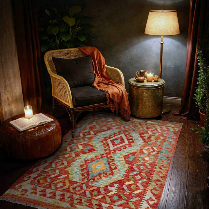 Afghan Vegetable Kilim Rug 3' 5" x 4' 11" Flat-Weave reverse