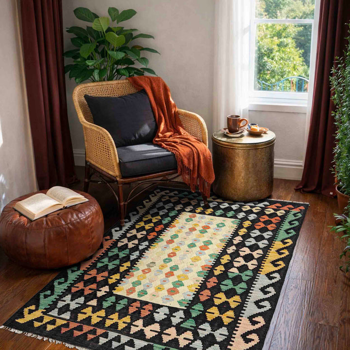 Afghan Vegetable Kilim Rug 3' 7" x 5' 1" Flat-Weave reverse