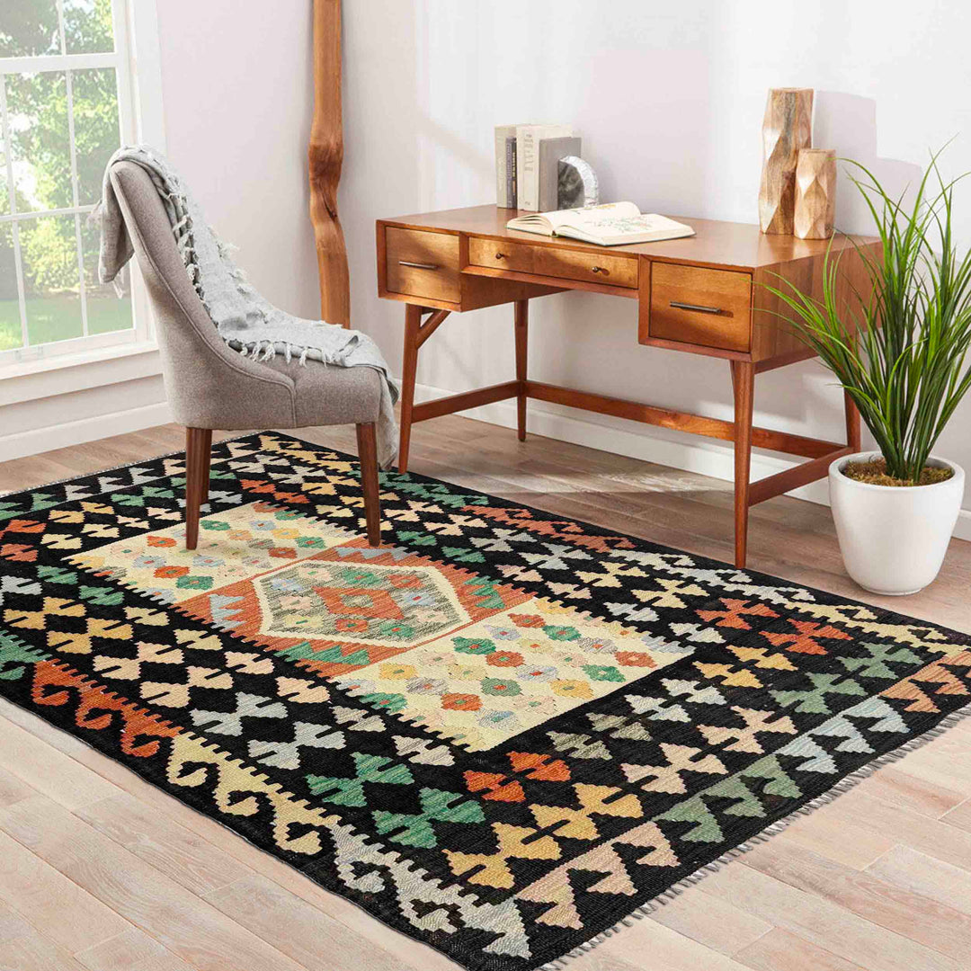 Afghan Vegetable Kilim Rug 3' 6" x 4' 10" Flat-Weave reverse