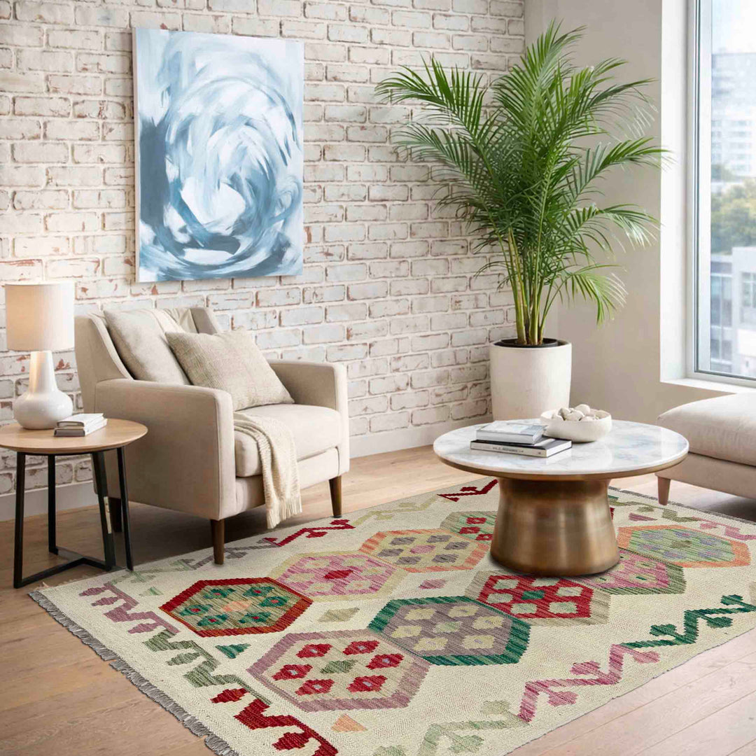 Afghan Vegetable Kilim Rug 3' 4" x 4' 9" Flat-Weave reverse