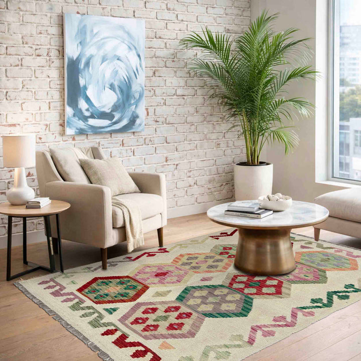 Afghan Vegetable Kilim Rug 3' 4" x 4' 9" Flat-Weave reverse
