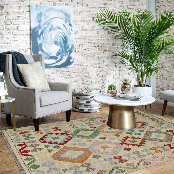 Afghan Vegetable Kilim Rug 3' 2" x 4' 9" Flat-Weave reverse