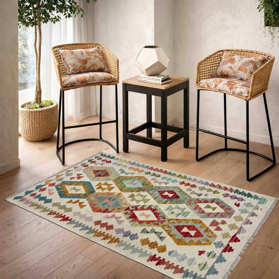 Afghan Vegetable Kilim Rug 3' 2" x 5' 2" Flat-Weave reverse