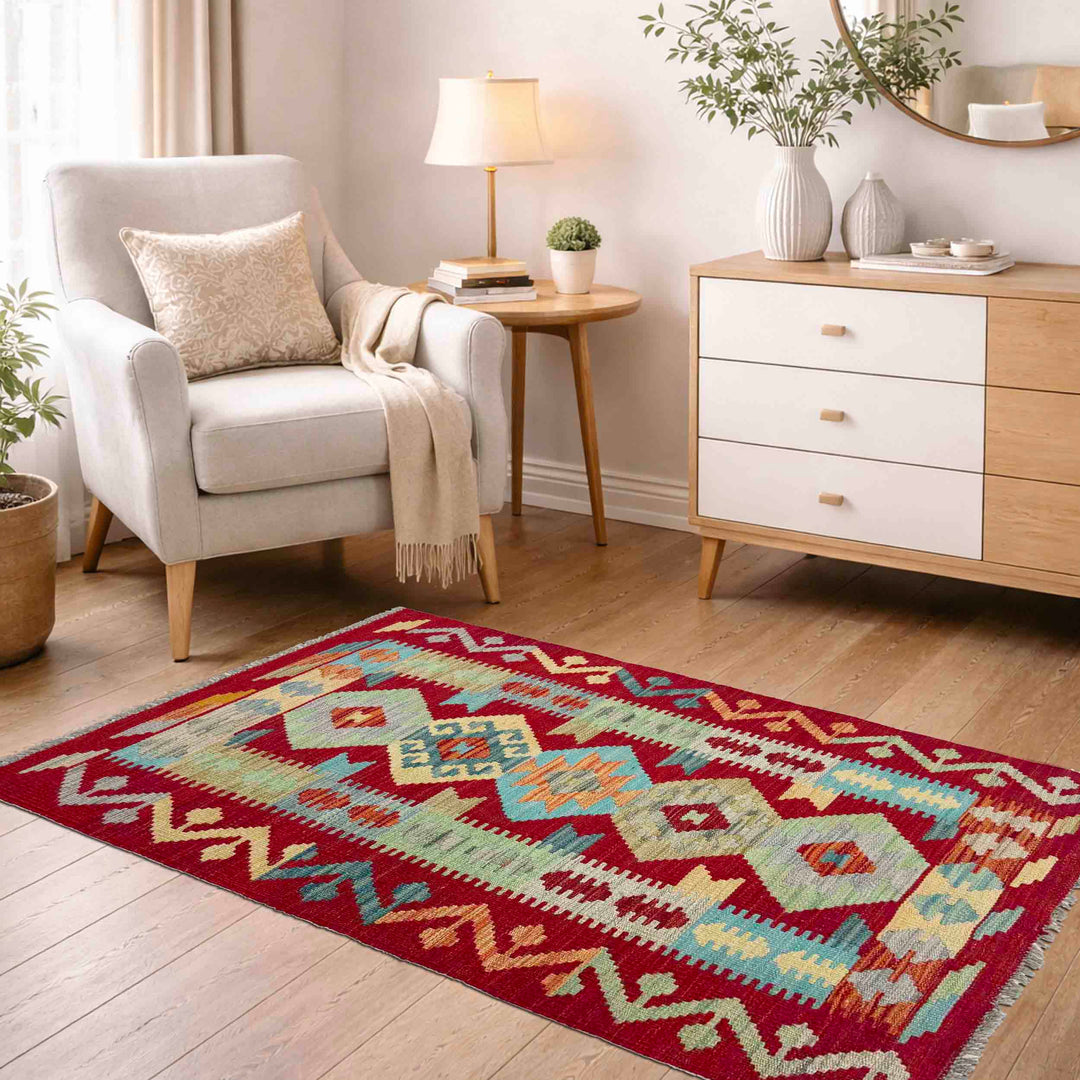 Afghan Vegetable Kilim Rug 2' 6" x 4' 9" Flat-Weave reverse