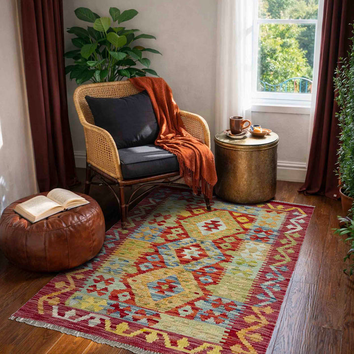 Afghan Vegetable Kilim Rug 2' 7" x 4' 2" Flat-Weave reverse