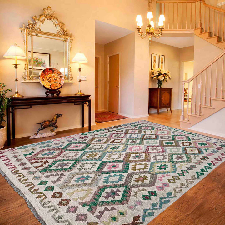 Afghan Vegetable Kilim Rug 5' 11" x 7' 7" Flat-Weave reverse