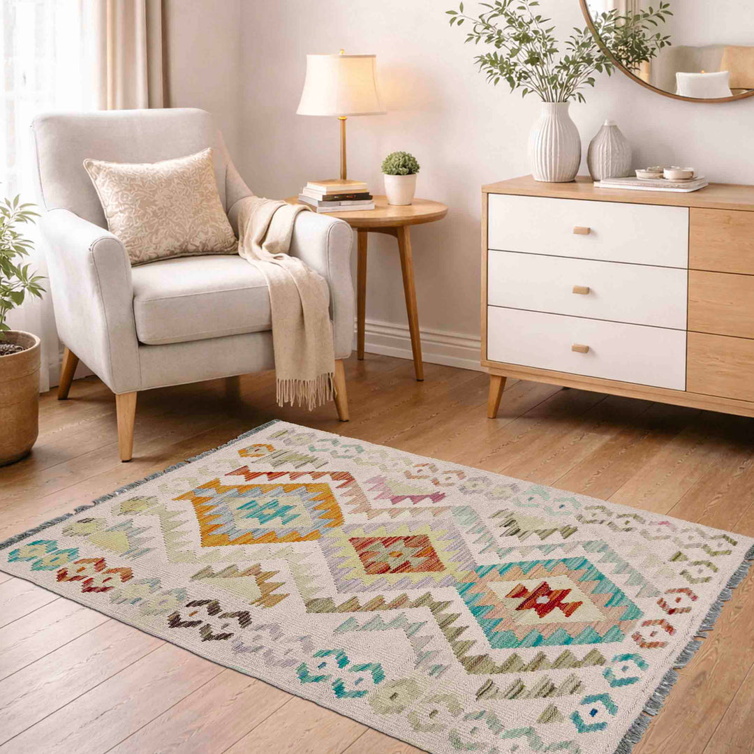 Afghan Vegetable Kilim Rug 2'7" x 3'10" Flat-Weave reverse