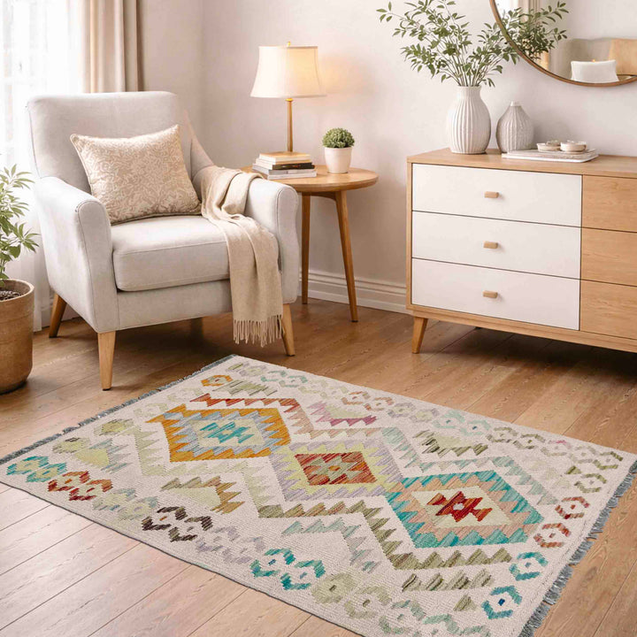 Afghan Vegetable Kilim Rug 2'7" x 3'10" Flat-Weave reverse
