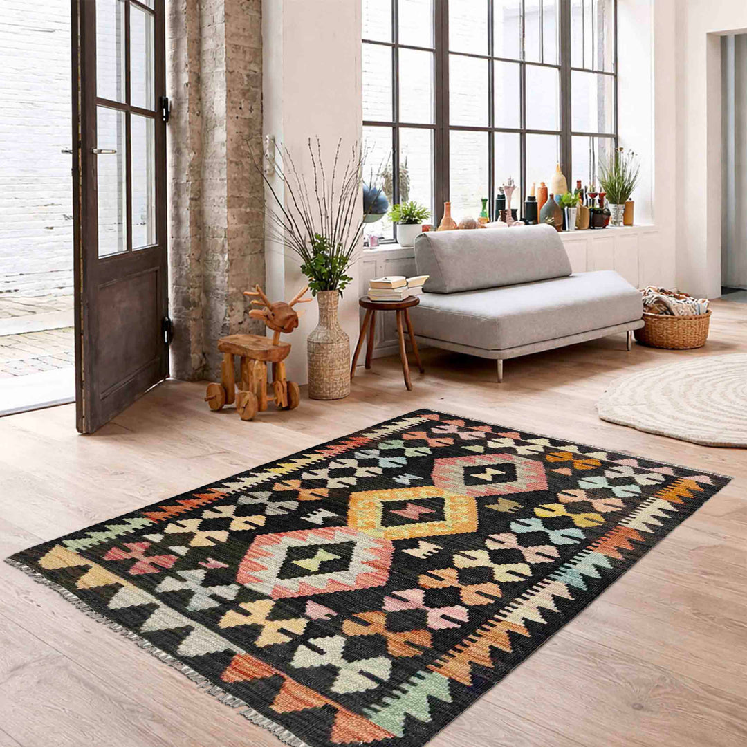 Afghan Vegetable Kilim Rug 2' 8" x 3' 9" Flat-Weave reverse