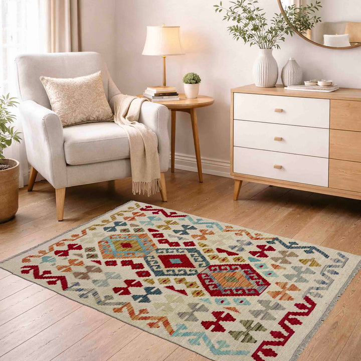 Afghan Vegetable Kilim Rug 2'7" x 4'0" Flat-Weave reverse