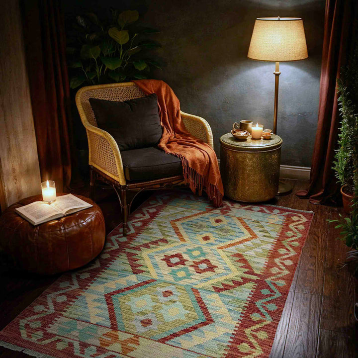 Afghan Vegetable Kilim Rug 2'7" x 4'4" Flat-Weave reverse