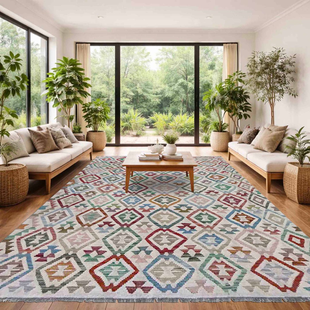 Afghan Vegetable Kilim Rug 6' 0" x 8' 7" Flat-Weave reverse