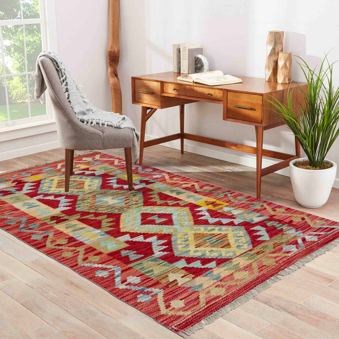 Afghan Vegetable Kilim Rug 2' 6" x 4' 5" Flat-Weave reverse