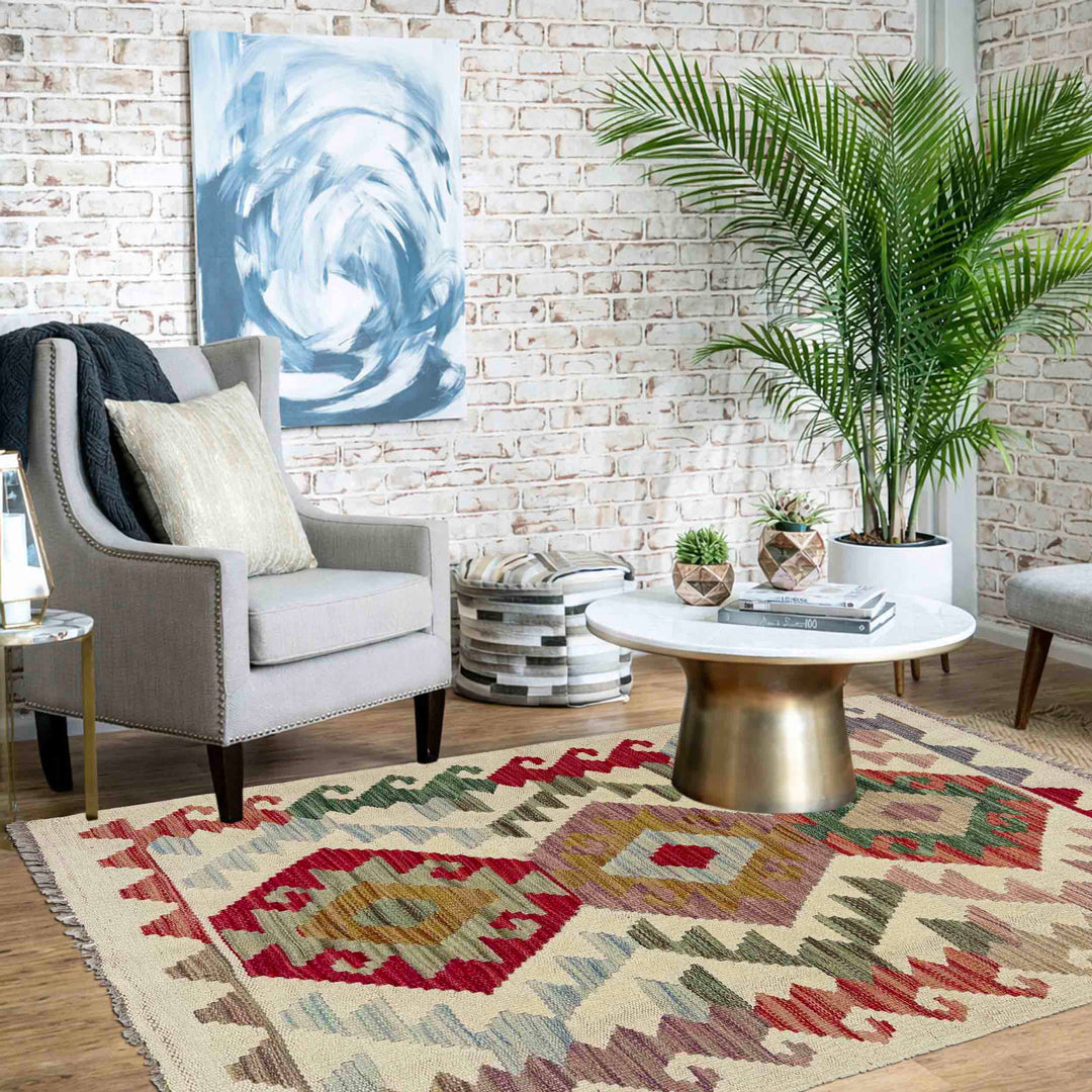 Afghan Vegetable Kilim Rug 2' 5" x 4' 1" Flat-Weave reverse