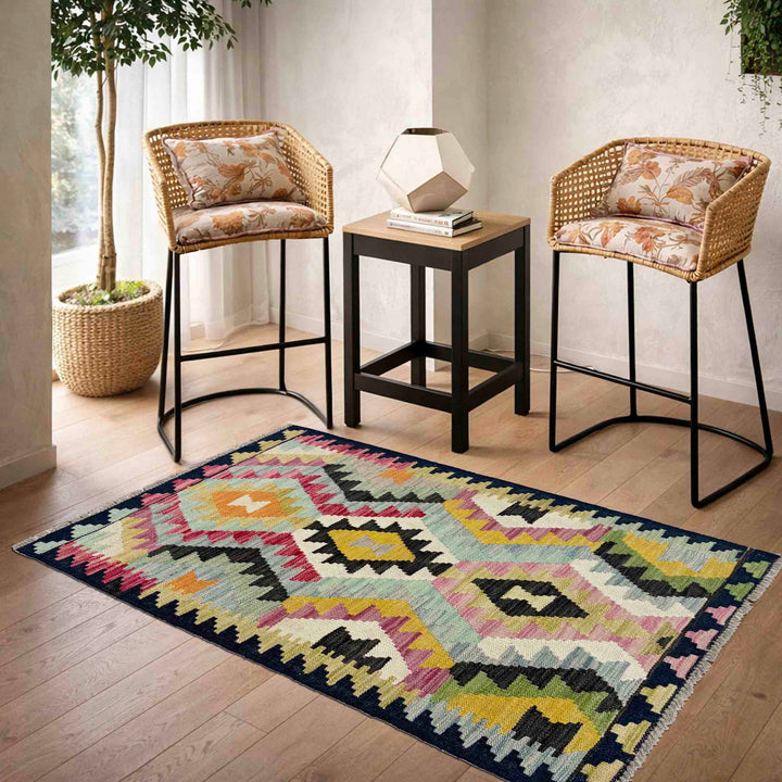 Afghan Vegetable Kilim Rug 2' 5" x 3' 11" Flat-Weave reverse