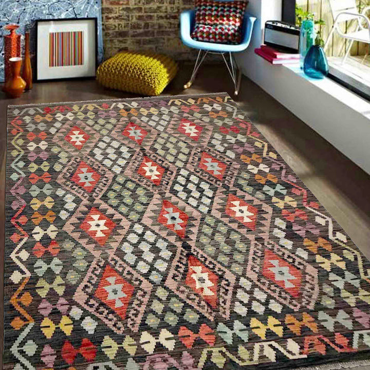 Afghan Vegetable Kilim Rug 5' 1" x 6' 7" Flat-Weave reverse