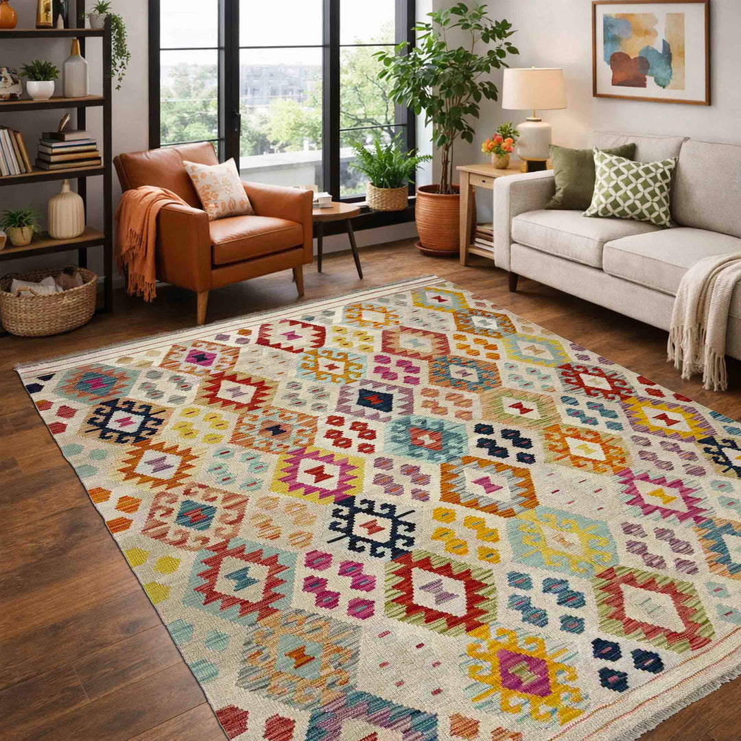 Afghan Vegetable Kilim Rug 5' 1" x 6' 5" Flat-Weave reverse