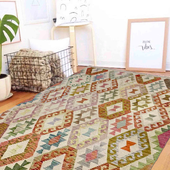 Afghan Kilim Rug 4'11" x 6'6" Flat-Weave reverse