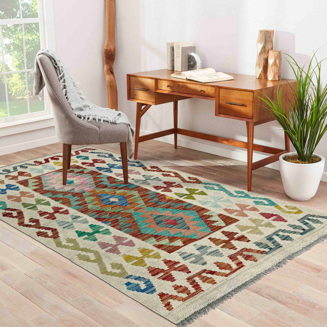 Afghan Vegetable Kilim Rug 2' 6" x 4' 0" Flat-Weave reverse