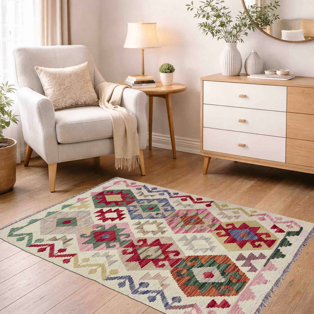 Afghan Kilim Rug 2'7" x 4'2" Flat-Weave reverse