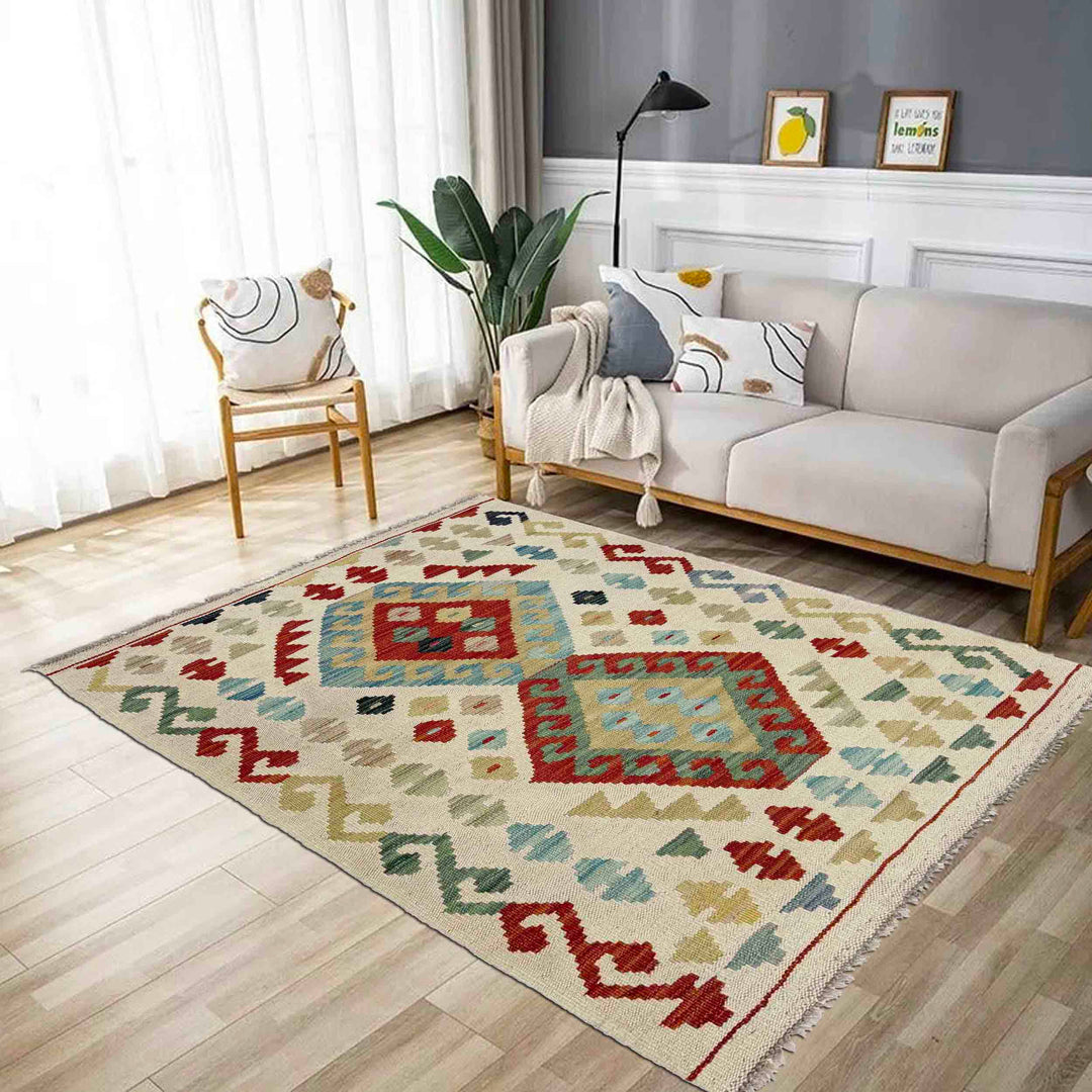 Afghan Vegetable Kilim Rug 2'6" x 4'3" Flat-Weave reverse