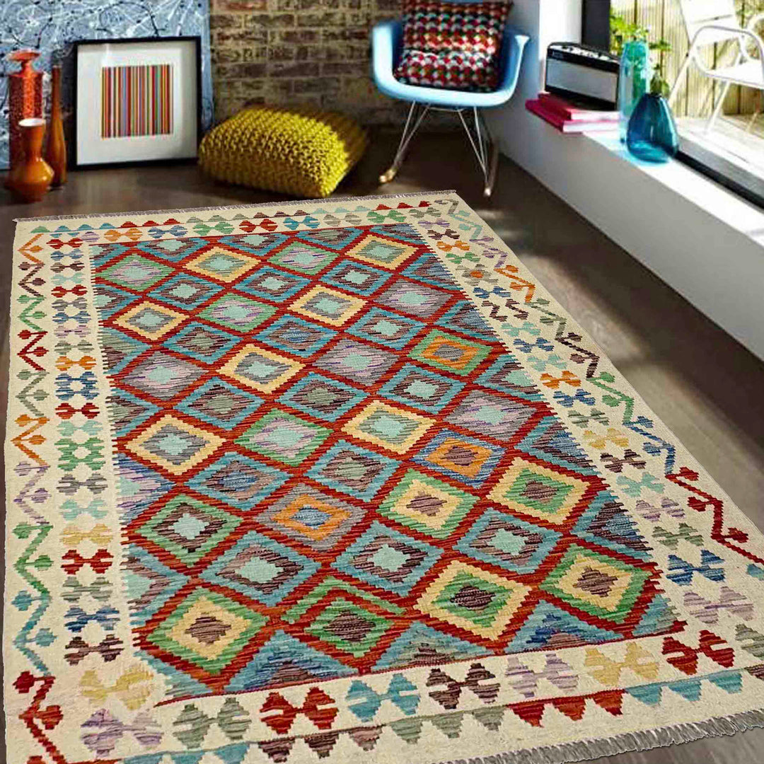 Afghan Kilim Rug 4' 10" x 6' 5" Flat-Weave reverse
