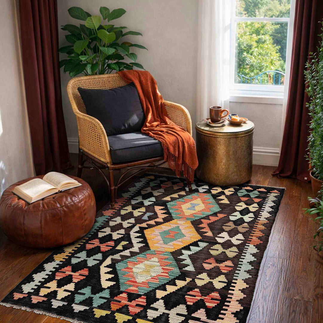 Afghan Vegetable Kilim Rug 2' 8" x 4' 2" Flat-Weave reverse