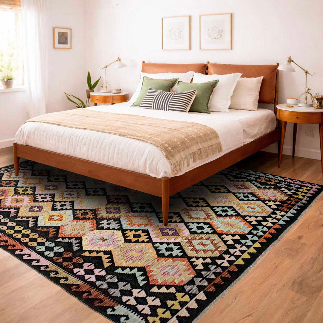 Afghan Vegetable Kilim Rug 6' 7" x 9' 6" Flat-Weave reverse