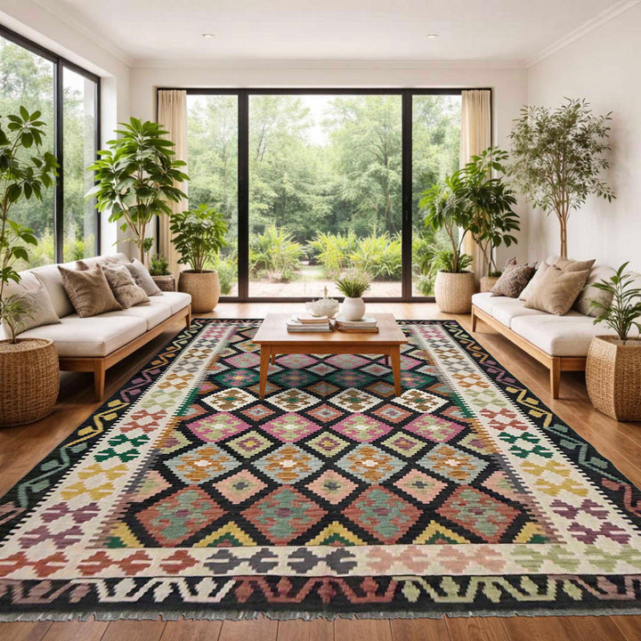 Afghan Vegetable Kilim Rug 6' 8" x 9' 7" Flat-Weave reverse