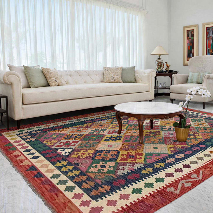 Afghan Vegetable Kilim Rug 6' 7" x 9' 9" Flat-Weave reverse
