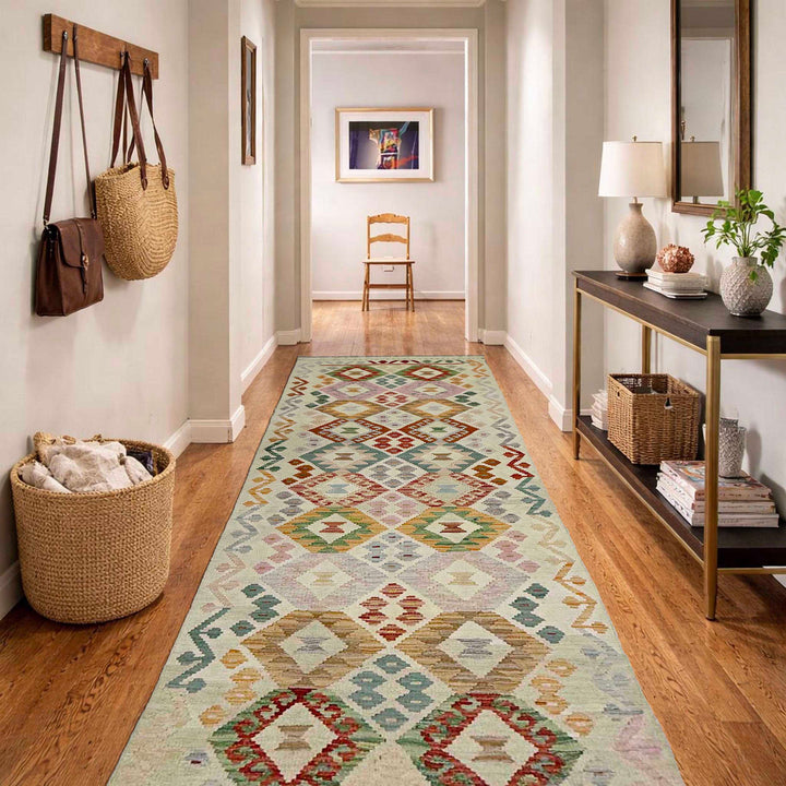 Afghan Vegetable Kilim Rug 2' 9" x 9' 7" Flat-Weave reverse