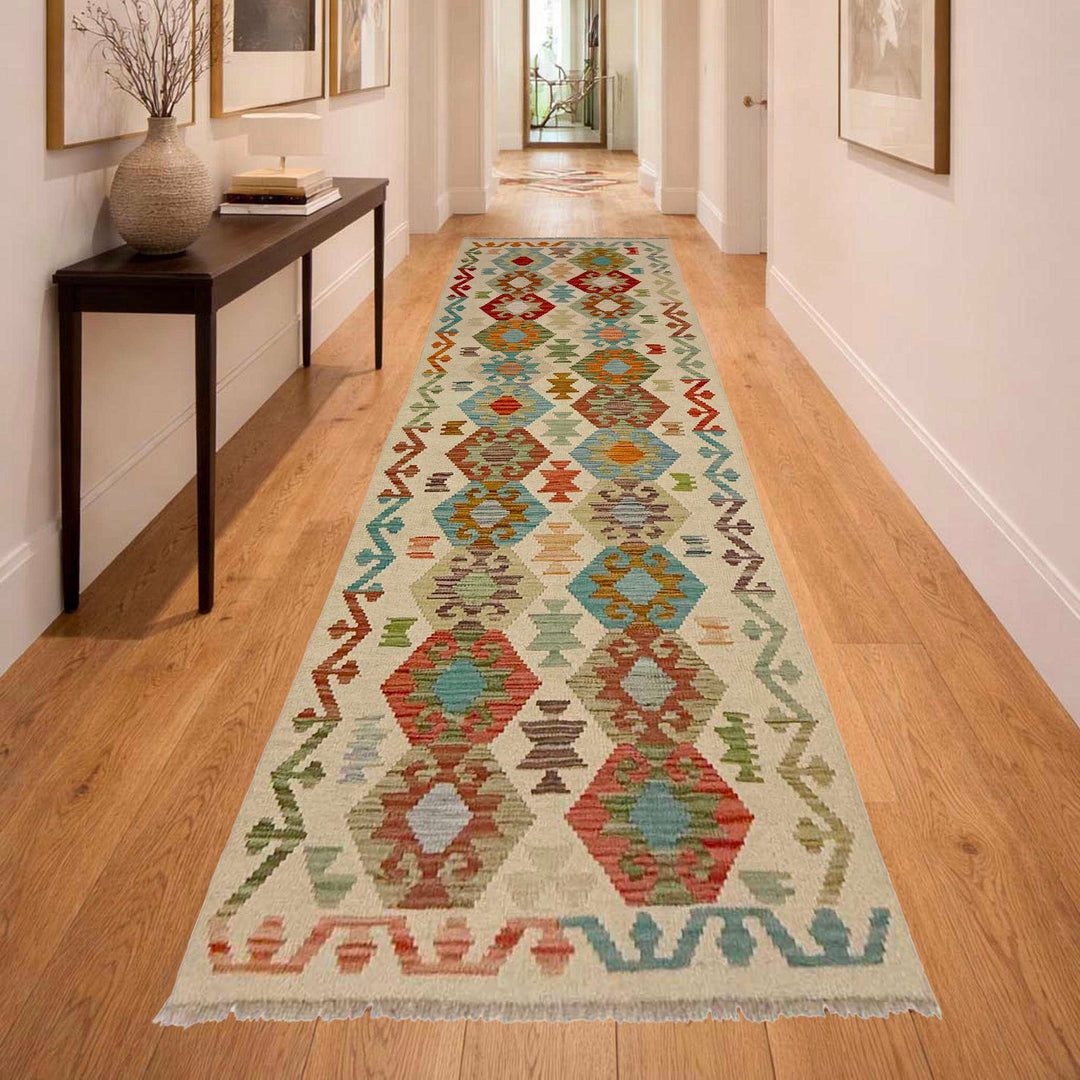 Afghan Vegetable Kilim Rug 2' 7" x 9' 6" Flat-Weave reverse