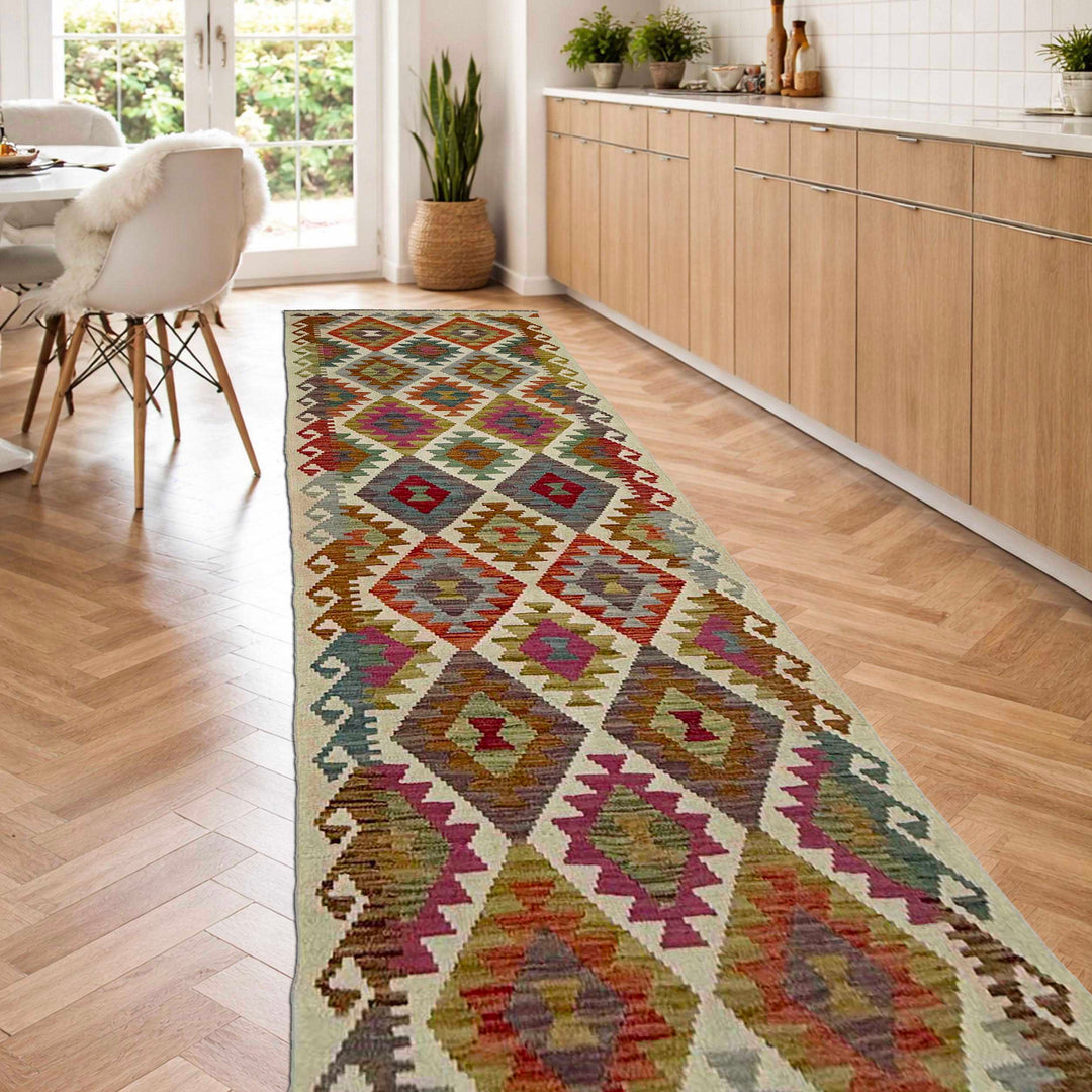 Afghan Vegetable Kilim Rug 2'6" x 9'10" Flat-Weave reverse