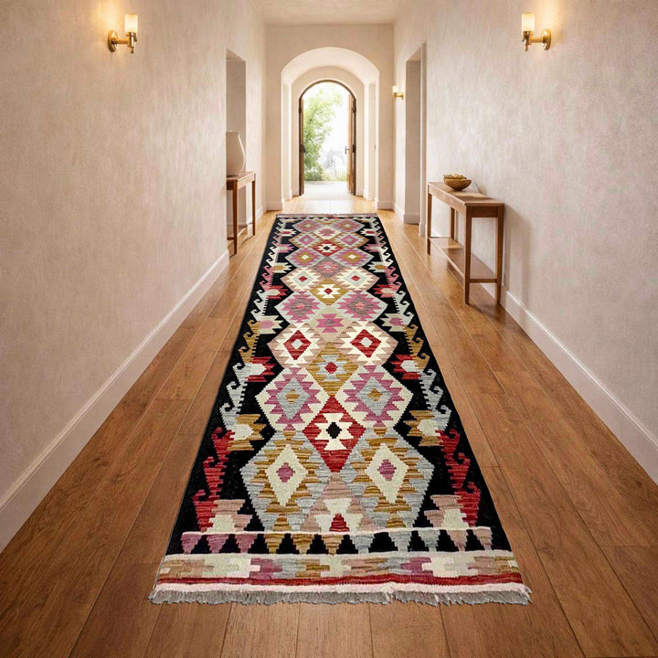 Afghan Vegetable Kilim Rug 2' 8" x 9' 5" Flat-Weave reverse