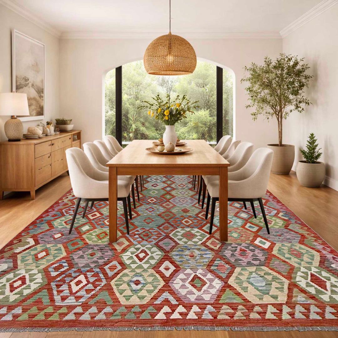 Afghan Kilim Rug 6' 11" x 9' 7" Flat-Weave reverse