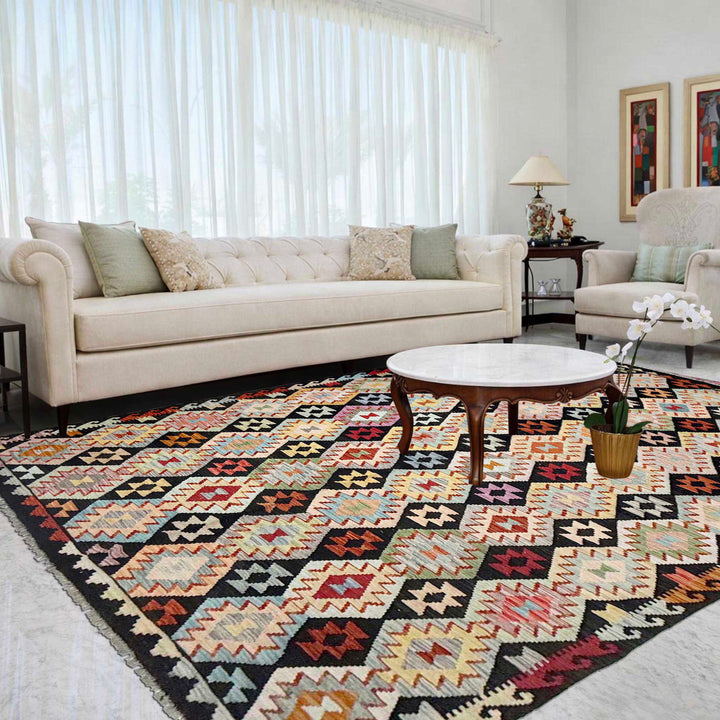 Afghan Vegetable Kilim Rug 6' 8" x 9' 11" Flat-Weave reverse
