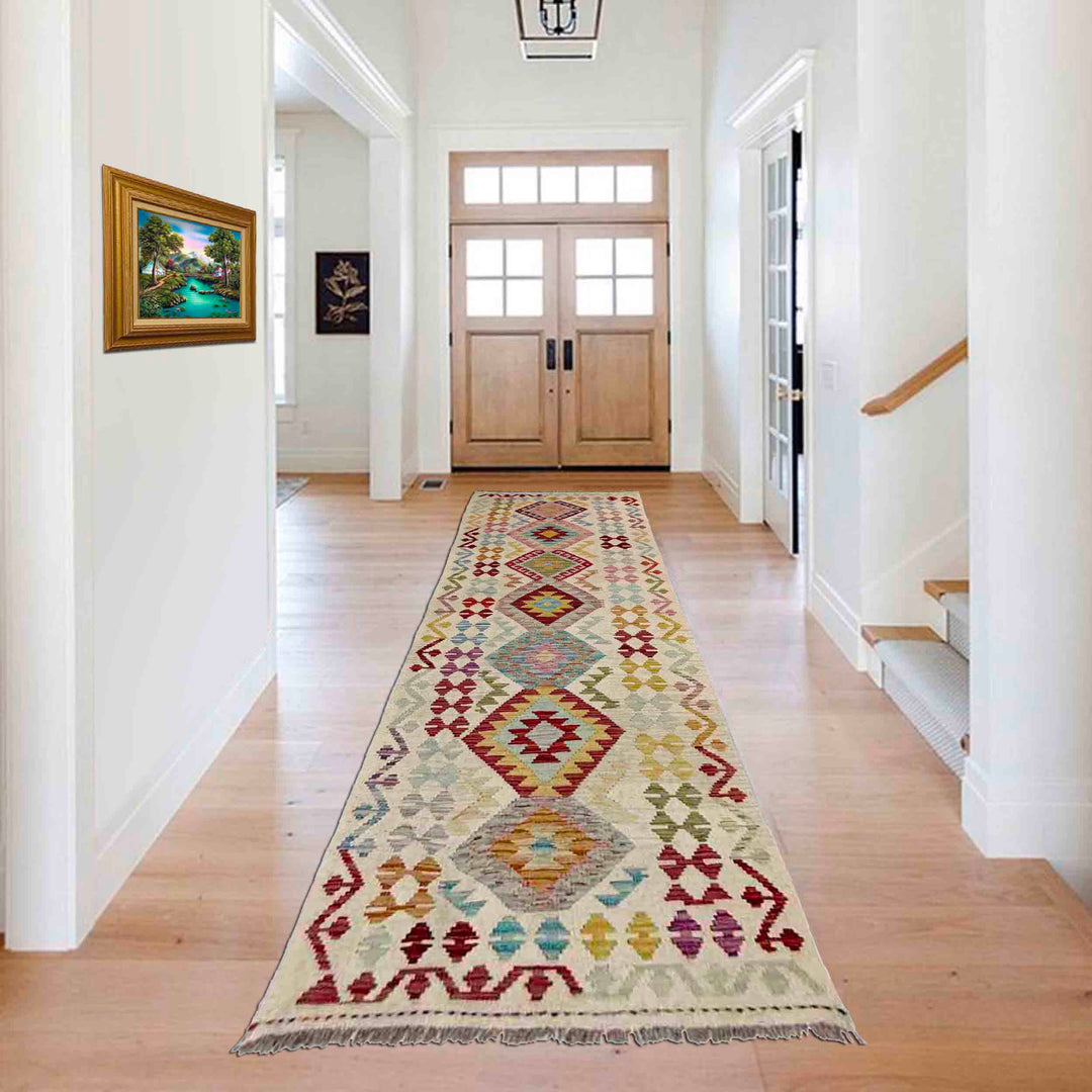Afghan Vegetable Kilim Runner 2' 8" x 9' 9" Flat-Weave reverse