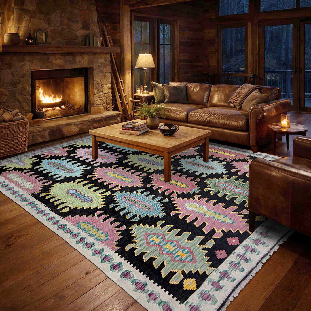 Afghan Vegetable Kilim Rug 6' 8" x 9' 9" Flat-Weave reverse