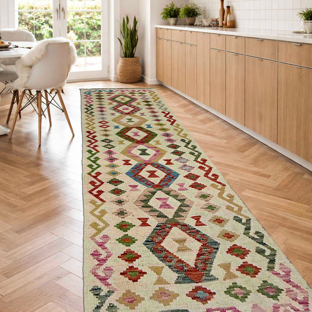 Afghan Vegetable Kilim Rug 2' 4" x 7' 10" Flat-Weave reverse