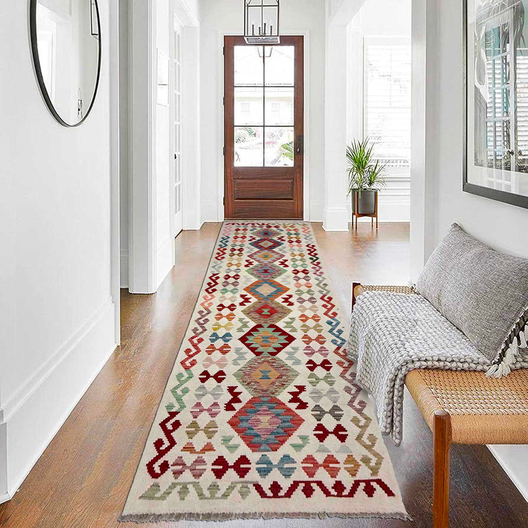 Afghan Vegetable Kilim Rug 2' 9" x 9' 7" Flat-Weave reverse