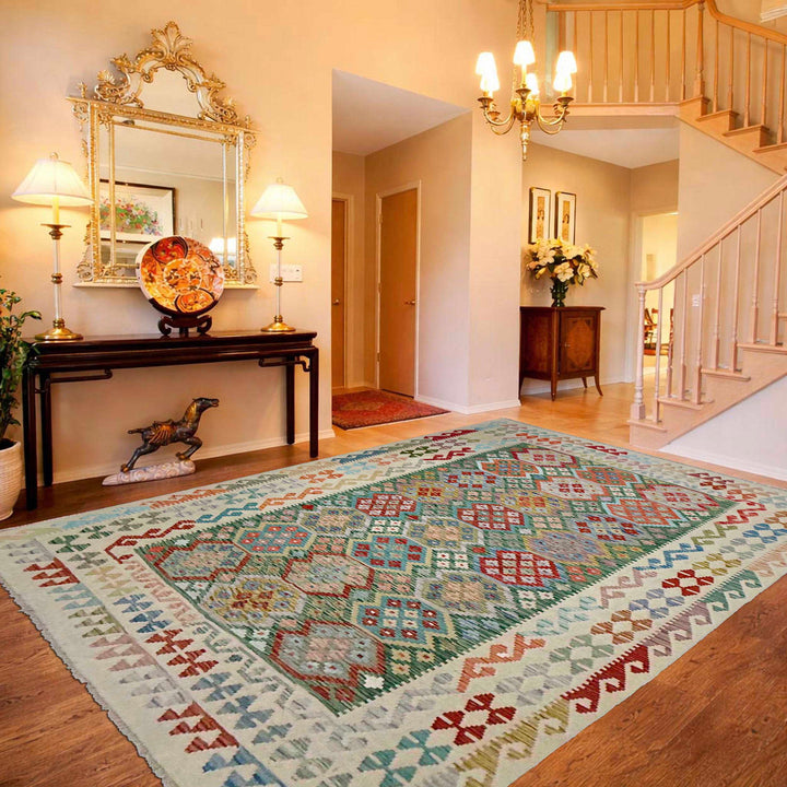 Afghan Vegetable Kilim Rug 6' 4" x 9' 5" Flat-Weave reverse