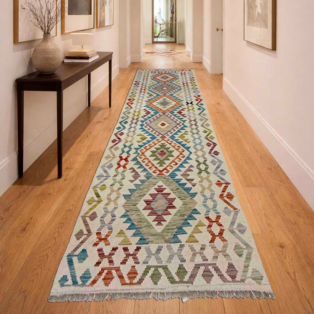Afghan Vegetable Kilim Rug 2' 9" x 9' 8" Flat-Weave reverse