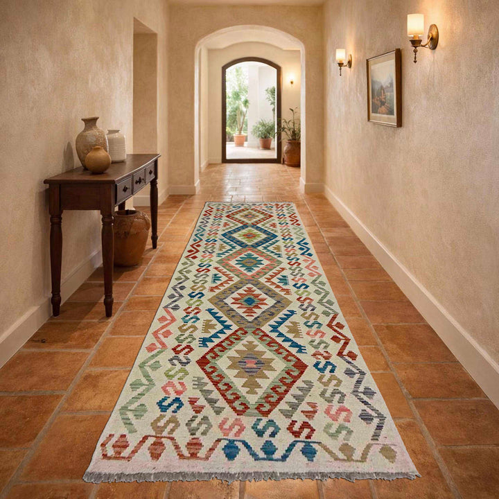 Afghan Vegetable Kilim Rug 2' 9" x 9' 10" Flat-Weave reverse